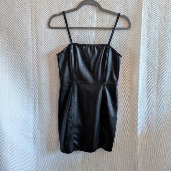 H&M Black Faux Leather Mini Dress Spaghetti Straps Stretch Size 6 Goth Grunge - Picture 8 of 9